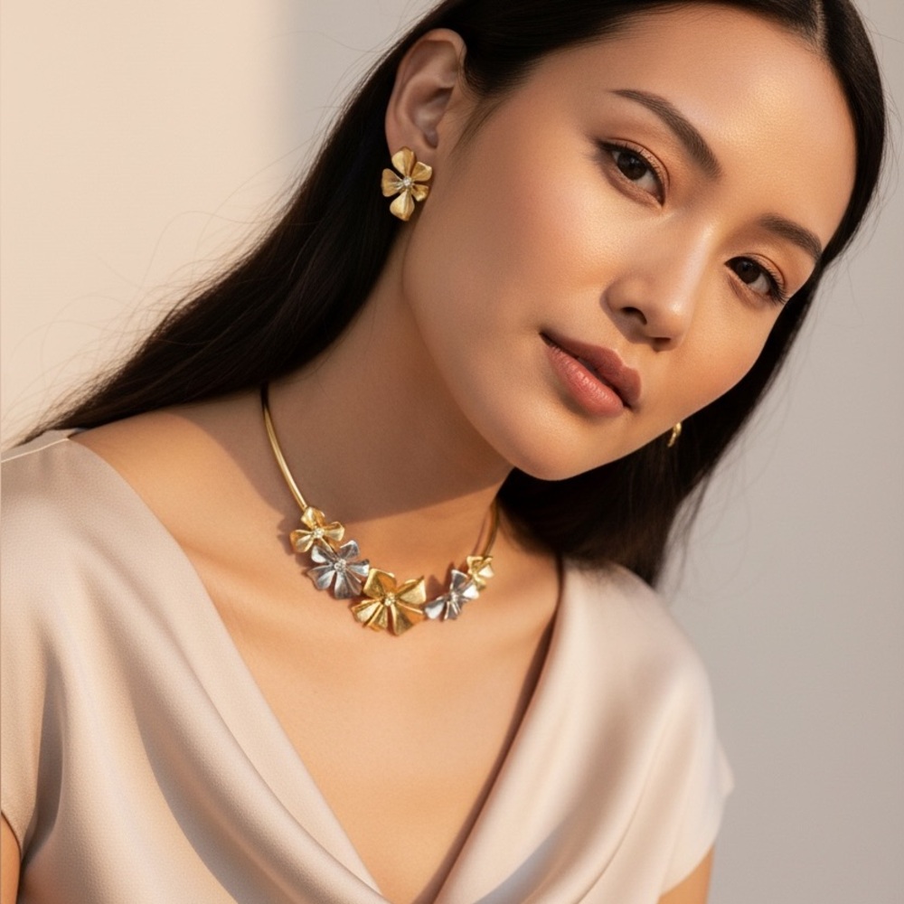 Crystal Flowers Necklace, 14K Gold Plated